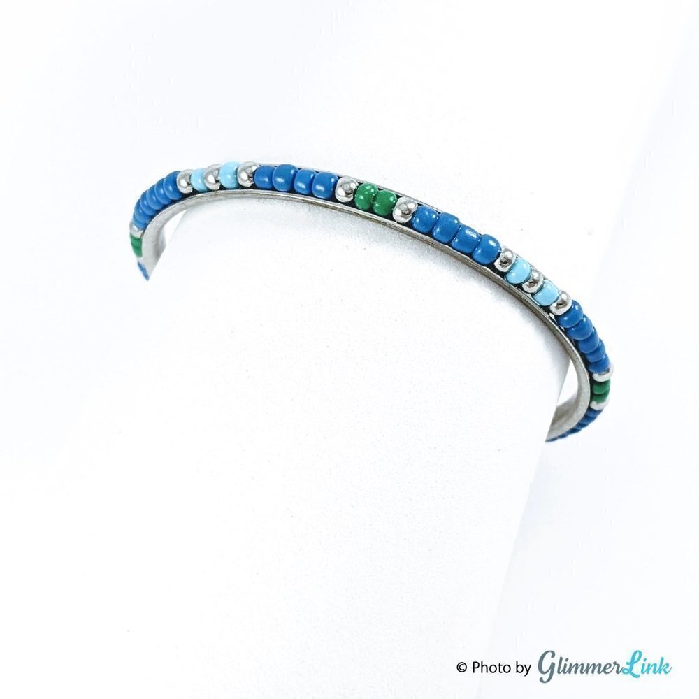 Blue Green & Silver Tone Seed Bead Cuff Bracelet